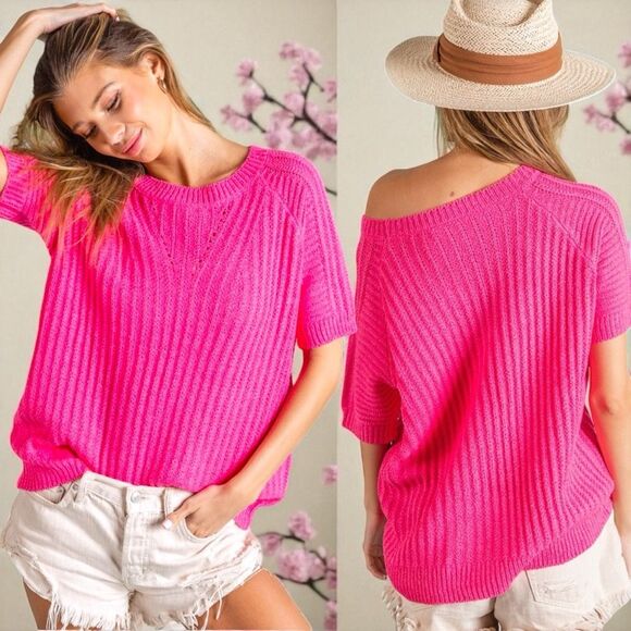 BiBi Fuchsia Pink Texture Round Neck Short Sleeve Knit Top NWT - Picture 1 of 7